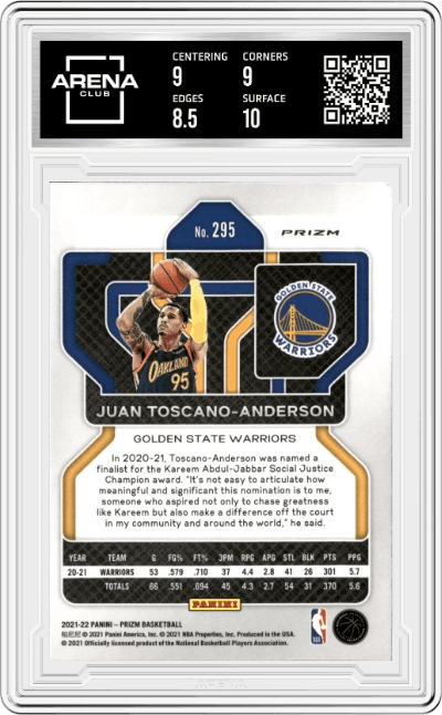 Juan Toscano-Anderson from the 2021-22 Panini Prizm  set featuring a Choice Blue/Yellow/Green Prizm parallel graded by Arena Club and given an overall grade of 9.