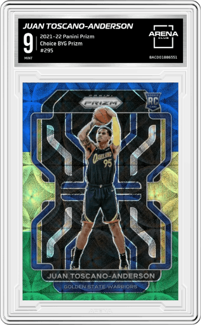 Juan Toscano-Anderson from the 2021-22 Panini Prizm  set featuring a Choice Blue/Yellow/Green Prizm parallel graded by Arena Club and given an overall grade of 9.