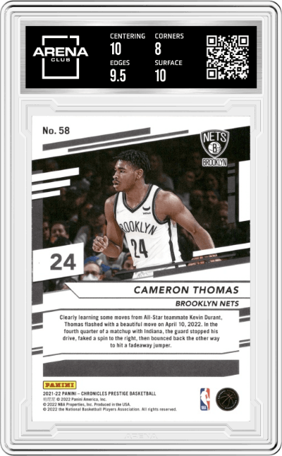 Cameron Thomas from the 2021-22 Panini Chronicles set graded by Arena Club and given an overall grade of 8.5.