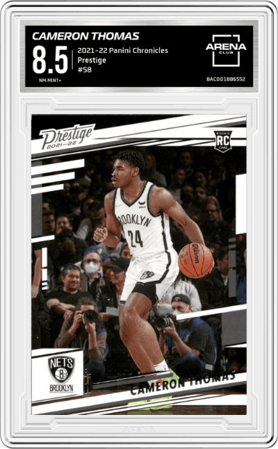 Cameron Thomas from the 2021-22 Panini Chronicles set graded by Arena Club and given an overall grade of 8.5.