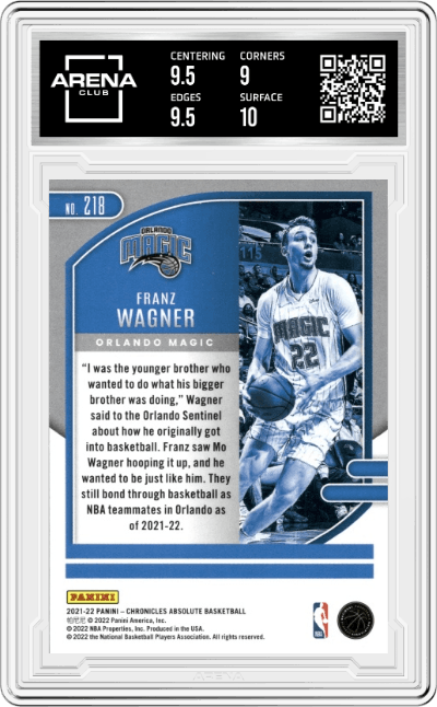 Franz Wagner from the 2021-22 Panini Chronicles set graded by Arena Club and given an overall grade of 9.5.