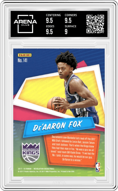De'Aaron Fox from the 2017-18 Panini Revolution set graded by Arena Club and given an overall grade of 9.5.