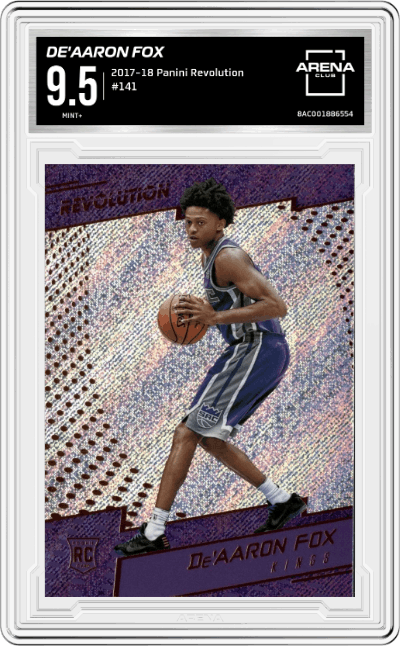 De'Aaron Fox from the 2017-18 Panini Revolution set graded by Arena Club and given an overall grade of 9.5.