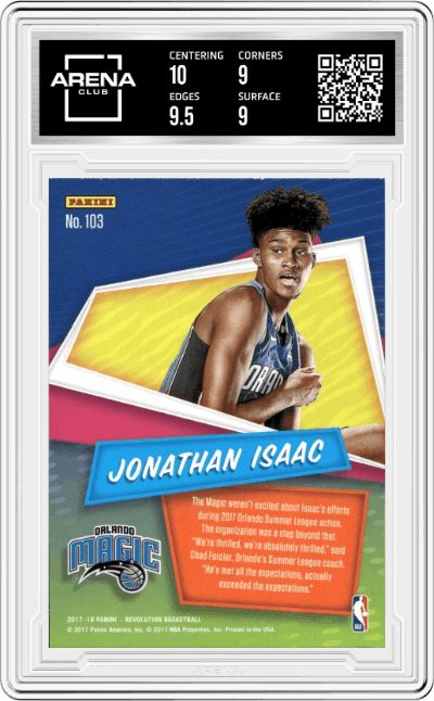 Jonathan Isaac from the 2017-18 Panini Revolution set graded by Arena Club and given an overall grade of 9.5.