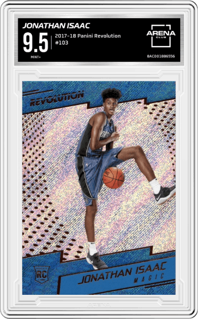 Jonathan Isaac from the 2017-18 Panini Revolution set graded by Arena Club and given an overall grade of 9.5.