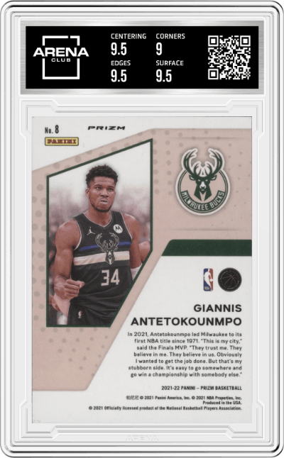 Giannis Antetokounmpo from the 2021-22 Panini Prizm  set featuring a Silver Prizm parallel graded by Arena Club and given an overall grade of 9.5.