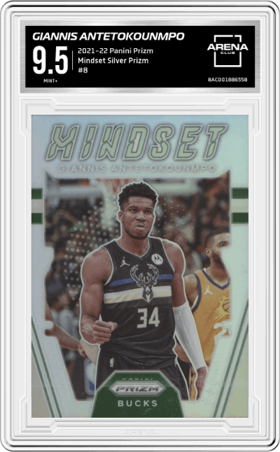 Giannis Antetokounmpo from the 2021-22 Panini Prizm  set featuring a Silver Prizm parallel graded by Arena Club and given an overall grade of 9.5.