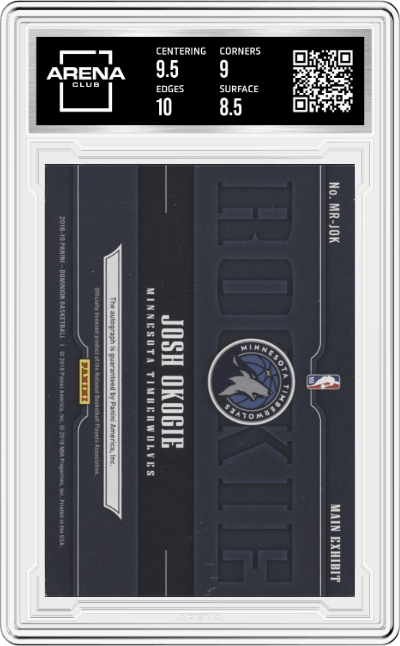 Josh Okogie from the 2018-19 Panini Dominion set graded by Arena Club and given an overall grade of 9.