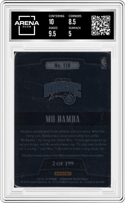 Mo Bamba from the 2018-19 Panini Dominion set featuring a With Cover parallel graded by Arena Club and given an overall grade of 5.5.