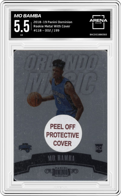 Mo Bamba from the 2018-19 Panini Dominion set featuring a With Cover parallel graded by Arena Club and given an overall grade of 5.5.