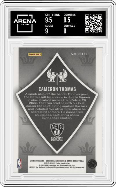 Cameron Thomas from the 2021-22 Panini Chronicles set graded by Arena Club and given an overall grade of 9.5.