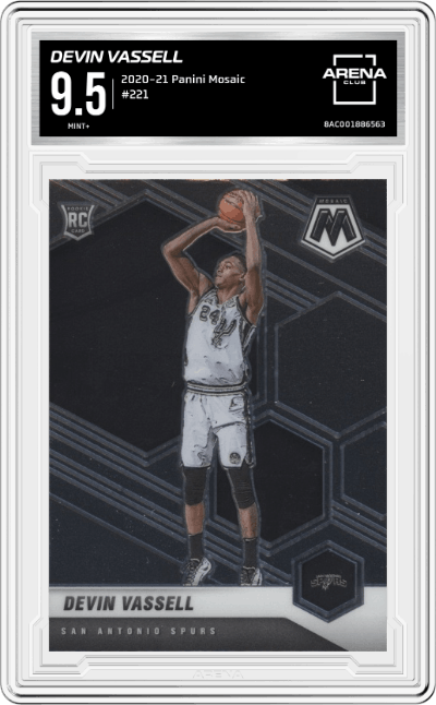 Devin Vassell from the 2020-21 Panini Mosaic set graded by Arena Club and given an overall grade of 9.5.