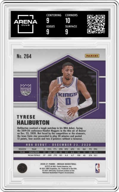 Tyrese Haliburton from the 2020-21 Panini Mosaic set graded by Arena Club and given an overall grade of 9.5.