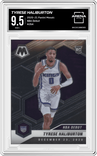 Tyrese Haliburton from the 2020-21 Panini Mosaic set graded by Arena Club and given an overall grade of 9.5.