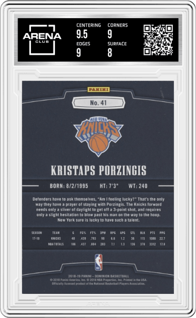 Kristaps Porzingis from the 2018-19 Panini Dominion set featuring a Gold parallel graded by Arena Club and given an overall grade of 8.5.