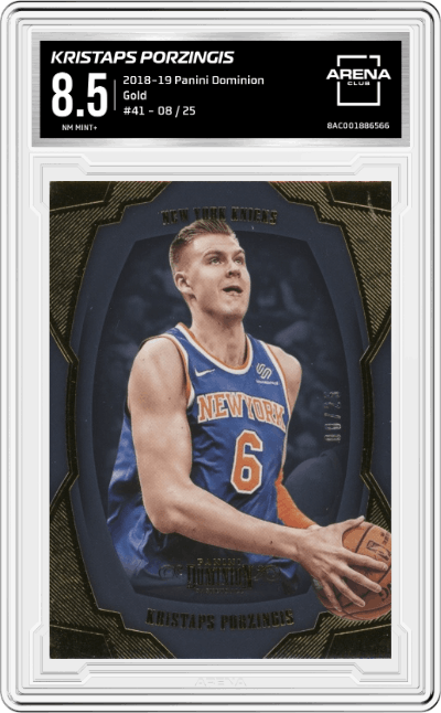 Kristaps Porzingis from the 2018-19 Panini Dominion set featuring a Gold parallel graded by Arena Club and given an overall grade of 8.5.
