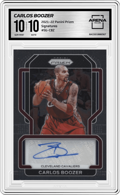 Carlos Boozer from the 2021-22 Panini Prizm  set graded by Arena Club and given an overall grade of 10.
