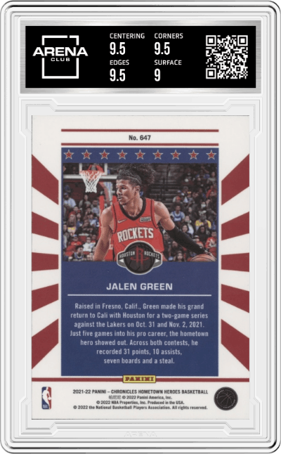 Jalen Green from the 2021-22 Panini Chronicles set graded by Arena Club and given an overall grade of 9.5.