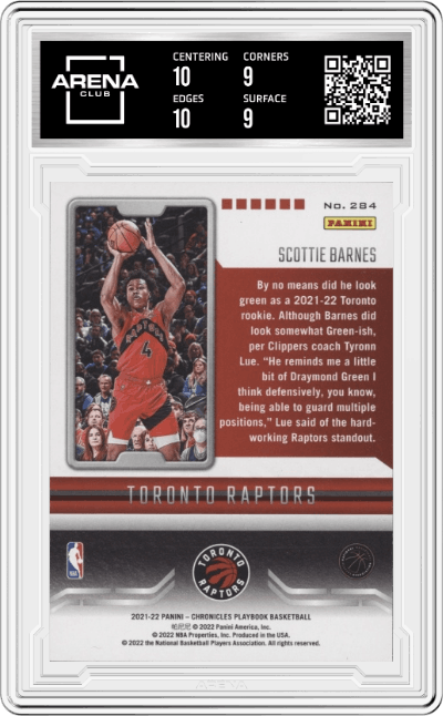 Scottie Barnes from the 2021-22 Panini Chronicles set graded by Arena Club and given an overall grade of 9.5.