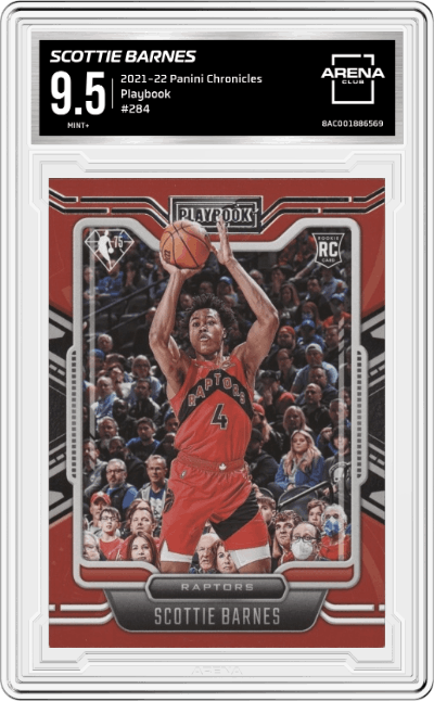 Scottie Barnes from the 2021-22 Panini Chronicles set graded by Arena Club and given an overall grade of 9.5.