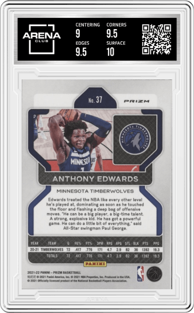 Anthony Edwards from the 2021-22 Panini Prizm  set featuring a Silver Prizm parallel graded by Arena Club and given an overall grade of 9.5.