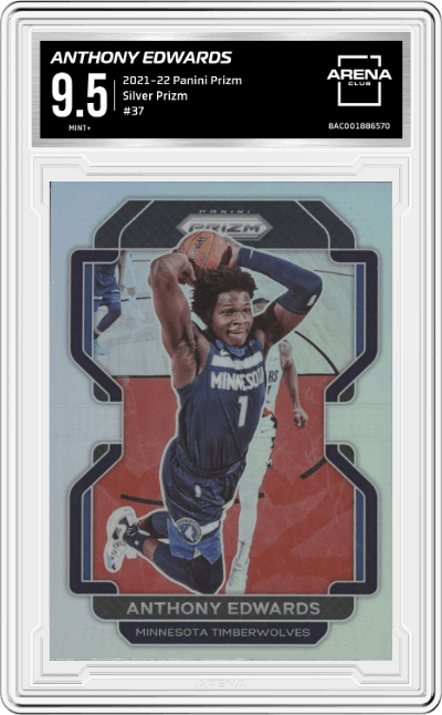 Anthony Edwards from the 2021-22 Panini Prizm  set featuring a Silver Prizm parallel graded by Arena Club and given an overall grade of 9.5.