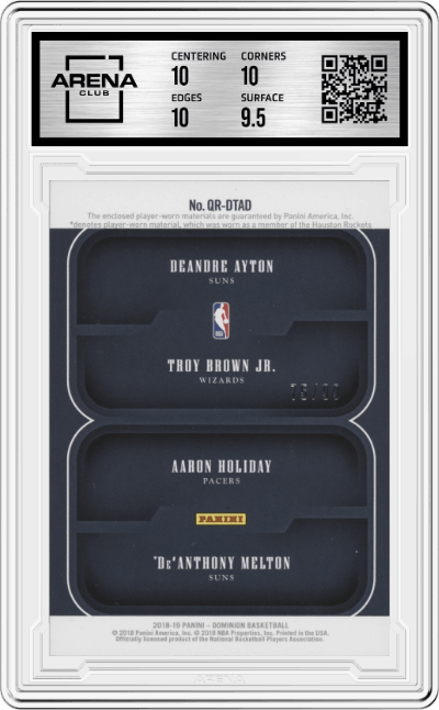 DA/TBJ/AH/DM from the 2018-19 Panini Dominion set graded by Arena Club and given an overall grade of 10.