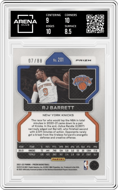 RJ Barrett from the 2021-22 Panini Prizm  set featuring a Choice Red Prizm parallel graded by Arena Club and given an overall grade of 9.