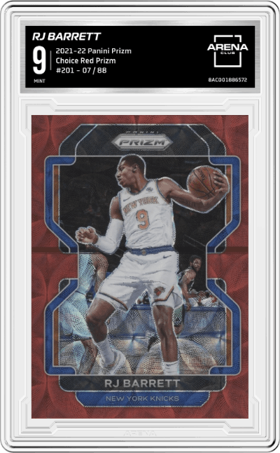 RJ Barrett from the 2021-22 Panini Prizm  set featuring a Choice Red Prizm parallel graded by Arena Club and given an overall grade of 9.