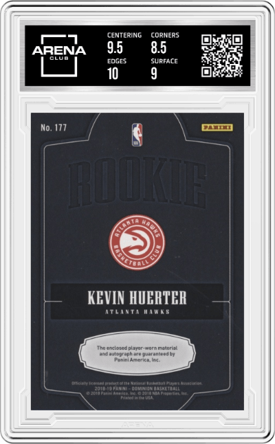 Kevin Huerter from the 2018-19 Panini Dominion set graded by Arena Club and given an overall grade of 9.
