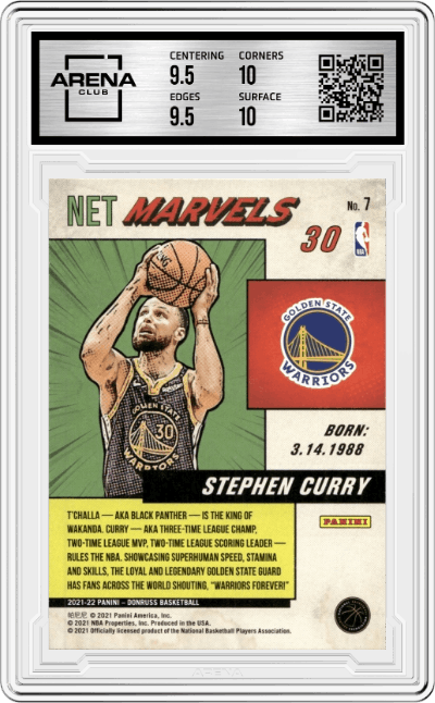 Stephen Curry from the 2021-22 Panini Donruss set graded by Arena Club and given an overall grade of 10.