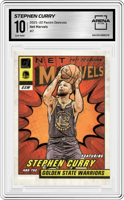 Stephen Curry from the 2021-22 Panini Donruss set graded by Arena Club and given an overall grade of 10.