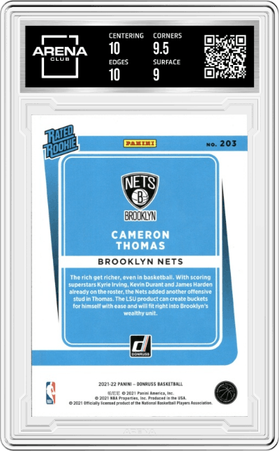 Cameron Thomas from the 2021-22 Panini Donruss set graded by Arena Club and given an overall grade of 9.5.
