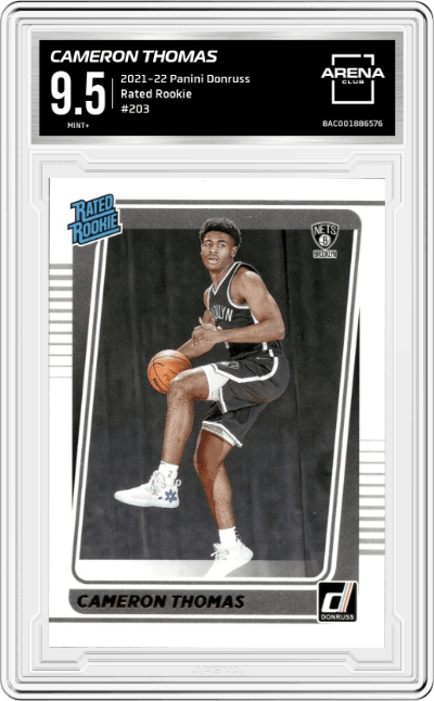 Cameron Thomas from the 2021-22 Panini Donruss set graded by Arena Club and given an overall grade of 9.5.