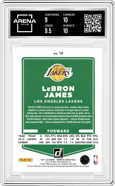 LeBron James from the 2021-22 Panini Donruss set featuring a Press Proof parallel graded by Arena Club and given an overall grade of 9.5.