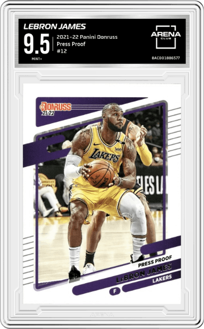 LeBron James from the 2021-22 Panini Donruss set featuring a Press Proof parallel graded by Arena Club and given an overall grade of 9.5.