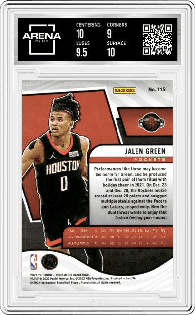 Jalen Green from the 2021-22 Panini Revolution  set graded by Arena Club and given an overall grade of 9.5.