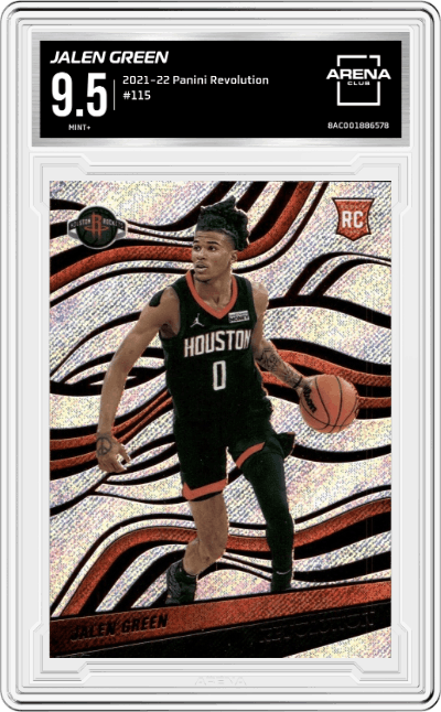 Jalen Green from the 2021-22 Panini Revolution  set graded by Arena Club and given an overall grade of 9.5.