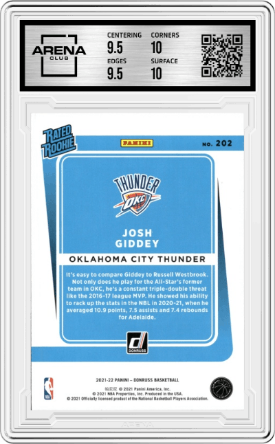 Josh Giddey from the 2021-22 Panini Donruss set graded by Arena Club and given an overall grade of 10.