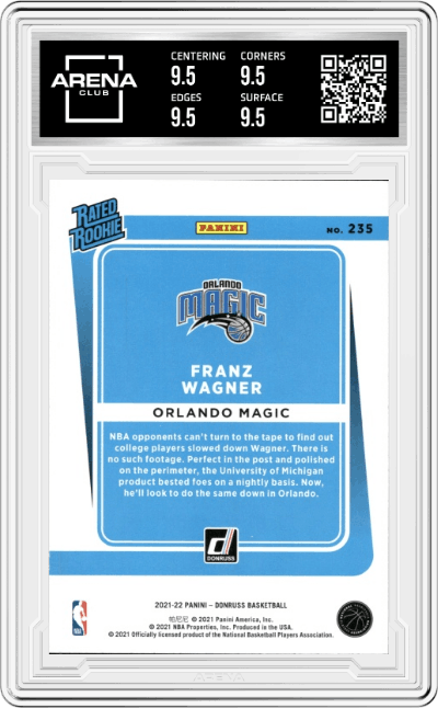 Franz Wagner from the 2021-22 Panini Donruss set graded by Arena Club and given an overall grade of 9.5.