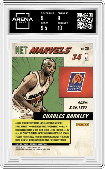 Charles Barkley from the 2021-22 Panini Donruss set graded by Arena Club and given an overall grade of 9.5.
