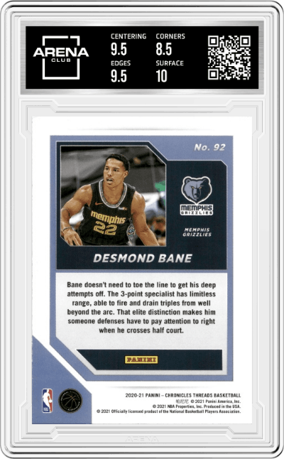 Desmond Bane from the 2020-21 Panini Chronicles set graded by Arena Club and given an overall grade of 9.