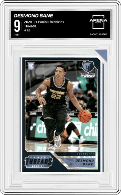 Desmond Bane from the 2020-21 Panini Chronicles set graded by Arena Club and given an overall grade of 9.