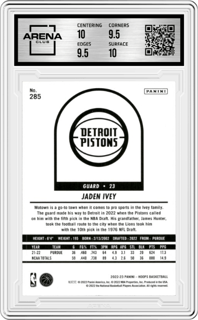Jaden Ivey from the 2022-23 Panini NBA Hoops set graded by Arena Club and given an overall grade of 10.