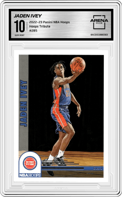 Jaden Ivey from the 2022-23 Panini NBA Hoops set graded by Arena Club and given an overall grade of 10.