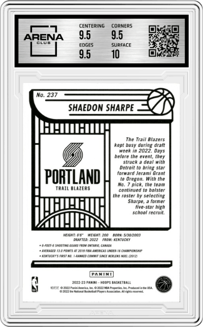 Shaedon Sharpe from the 2022-23 Panini NBA Hoops set graded by Arena Club and given an overall grade of 10.