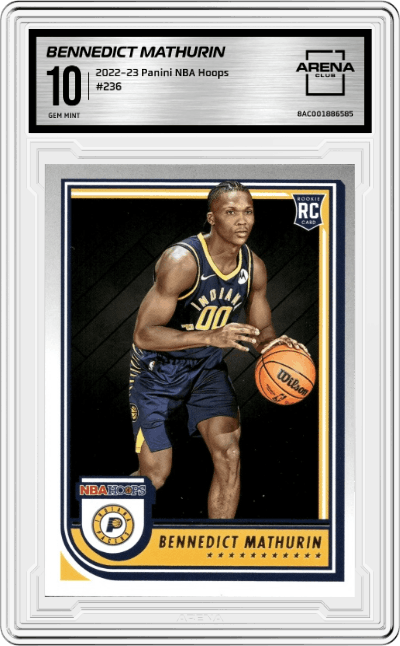 Bennedict Mathurin from the 2022-23 Panini NBA Hoops set graded by Arena Club and given an overall grade of 10.