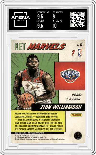 Zion Williamson from the 2021-22 Panini Donruss set graded by Arena Club and given an overall grade of 9.5.