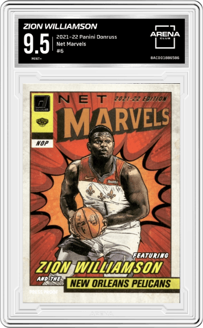 Zion Williamson from the 2021-22 Panini Donruss set graded by Arena Club and given an overall grade of 9.5.