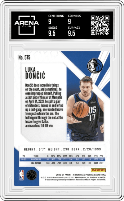 Luka Doncic from the 2020-21 Panini Chronicles set graded by Arena Club and given an overall grade of 9.5.